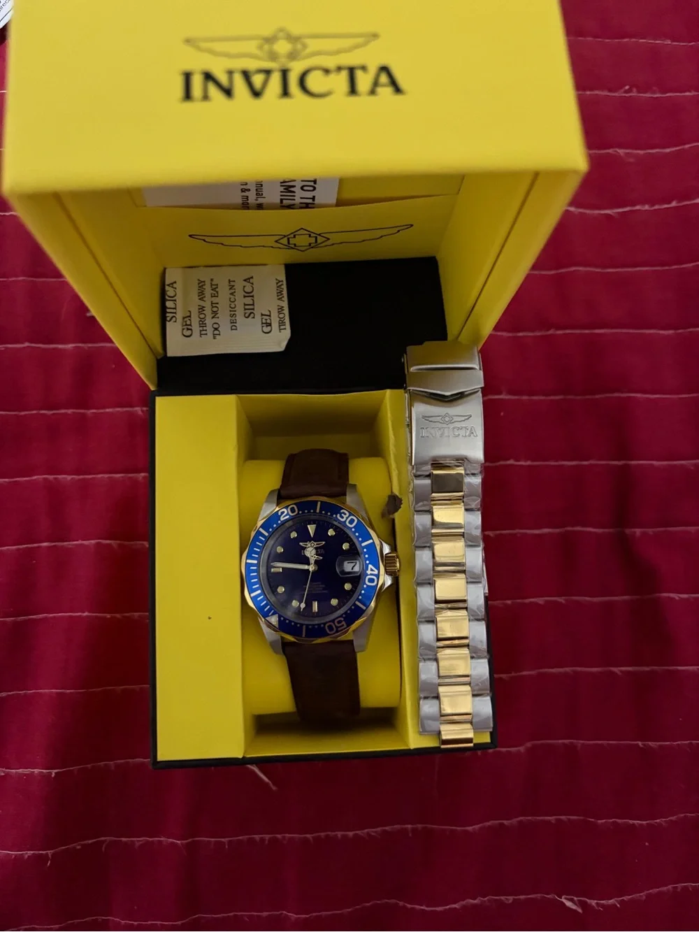 Invicta Blue Dial Dive Watch with Brown Strap and Two-Tone Bracelet